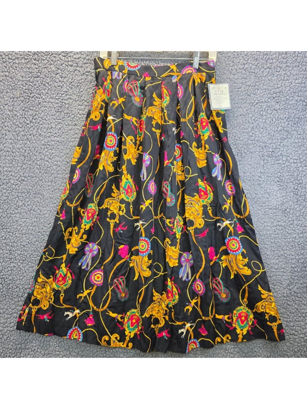 Vintage Susan Bristol Midi Skirt 12 Black Gold Equestrian Horse Jockey Print